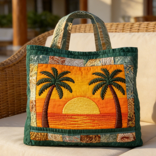 Teal Palm Sunset Quilted Tote Bag
