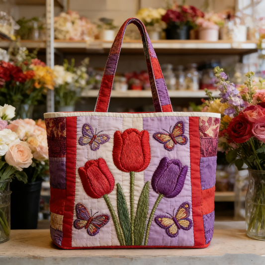 Tulip & Butterfly Quilted Tote Bag