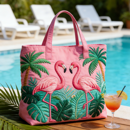 Pink Flamingo Palm Quilted Tote Bag
