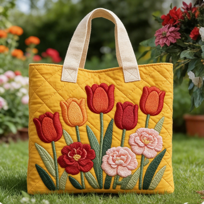 Quilted Tulip & Floral Tote Bag: Vibrant Embroidered Blooms for Your Garden Days Quilted Tote Bag