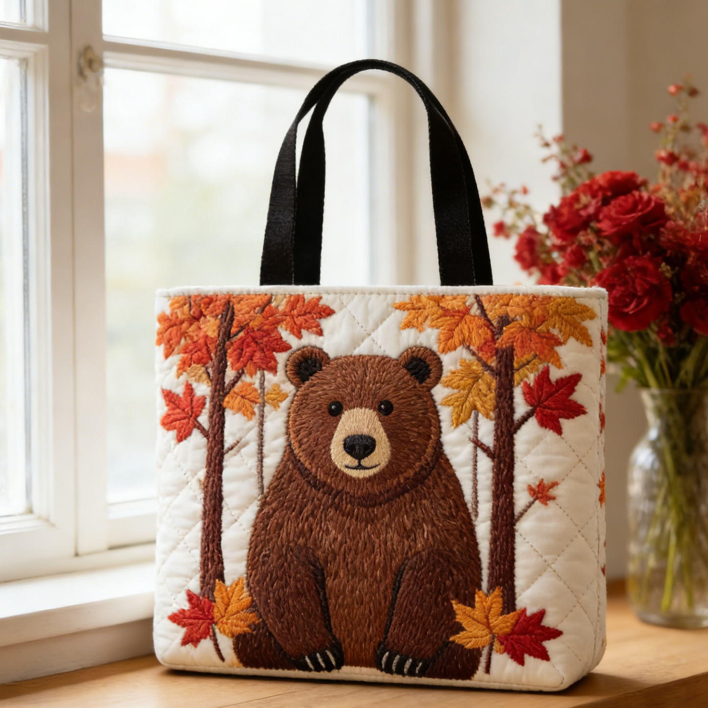 Stitched Brown Bear : Warm Fall Vibes with Maple Leaf Accents Quilted Tote Bag