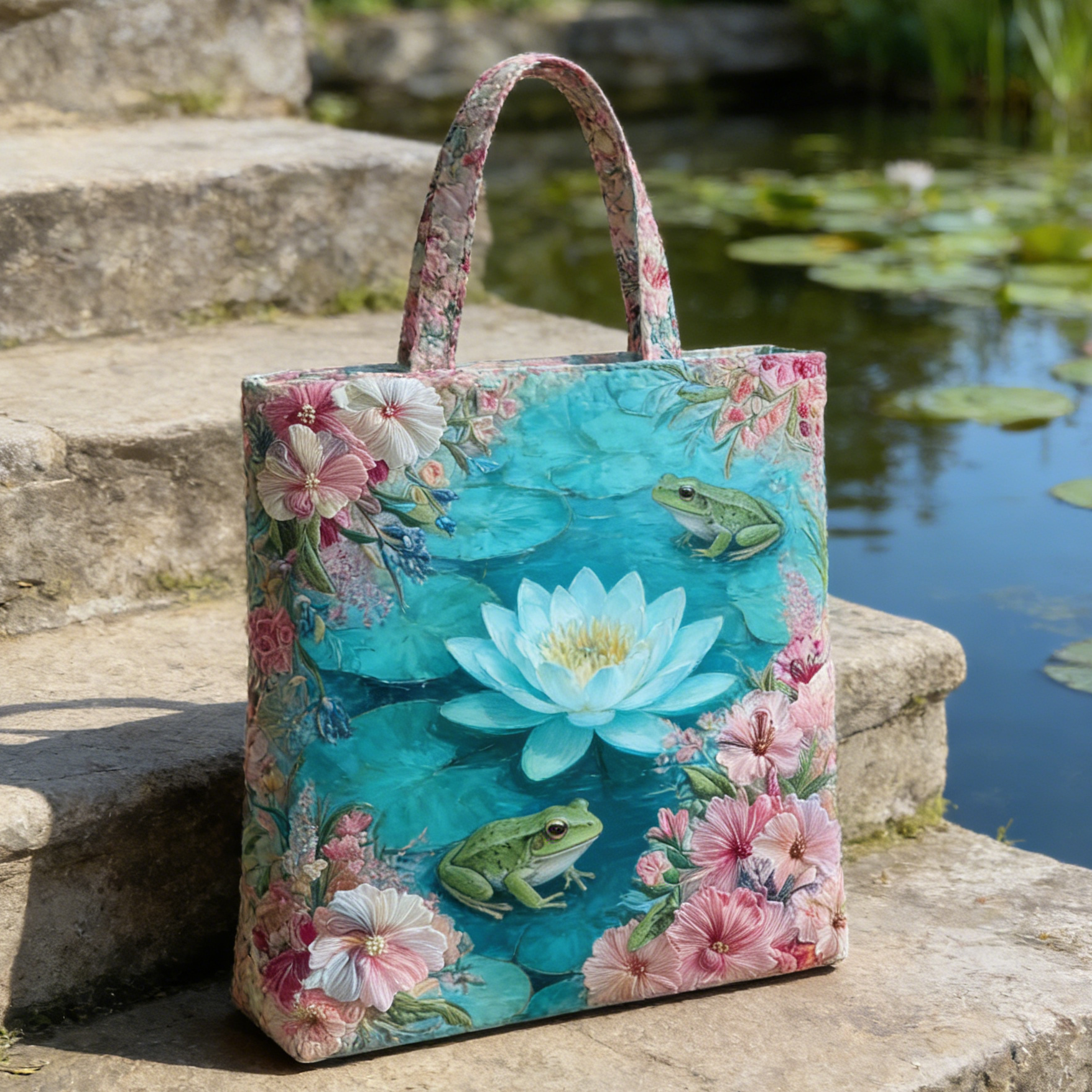 Water Lily & Frog Quilted Tote Bag