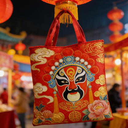 Peking Opera Mask & Peony CdEf0123 Quilted Tote Bag