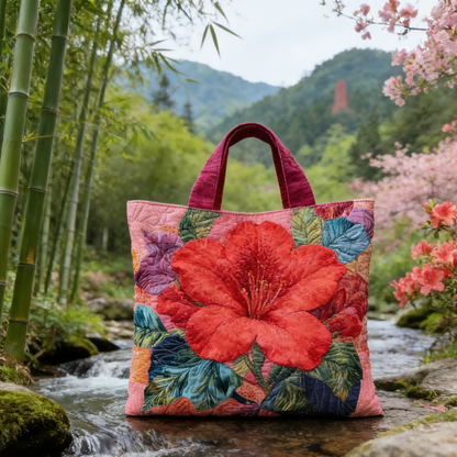 Quilted Red Azalea Tote Bag