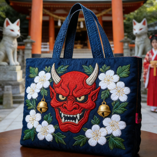 Oni Mask Shrine Quilted Tote Bag