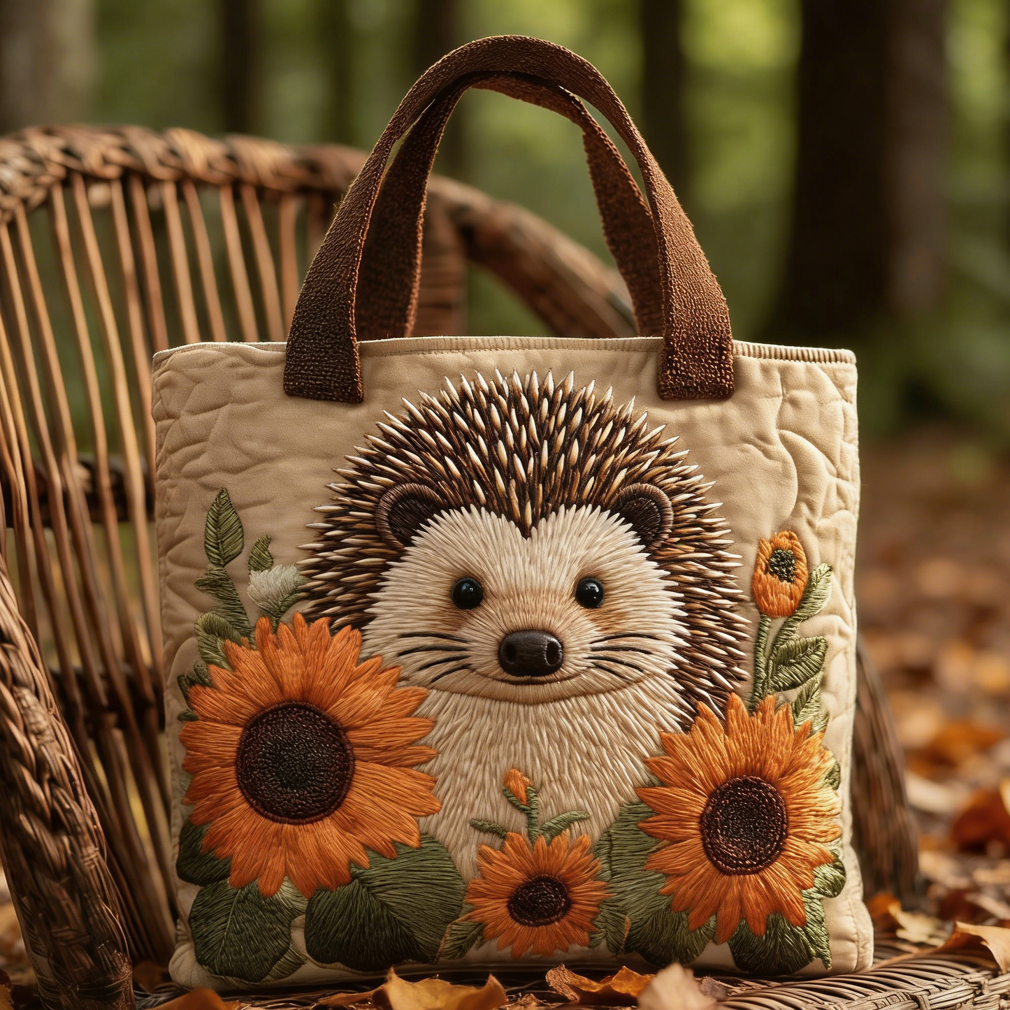 Beige Hedgehog Sunflower Quilted Tote Bag