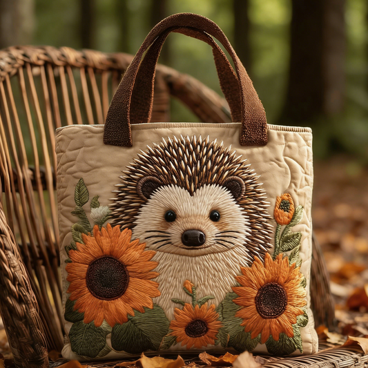 Beige Hedgehog Sunflower Quilted Tote Bag