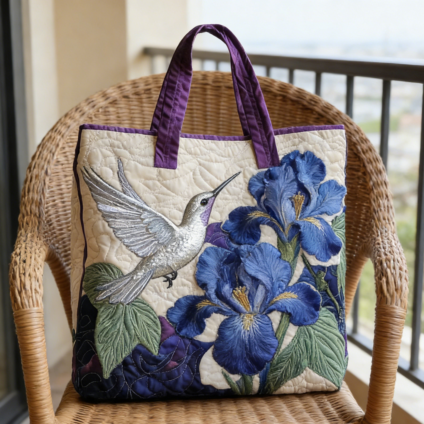 Hummingbird & Blue Iris Quilted Tote Bag