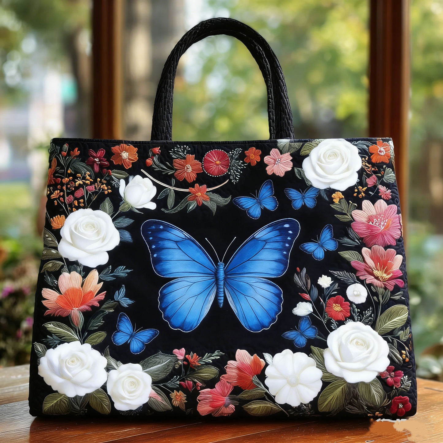 Blue Butterfly & Floral Quilted Tote Bag
