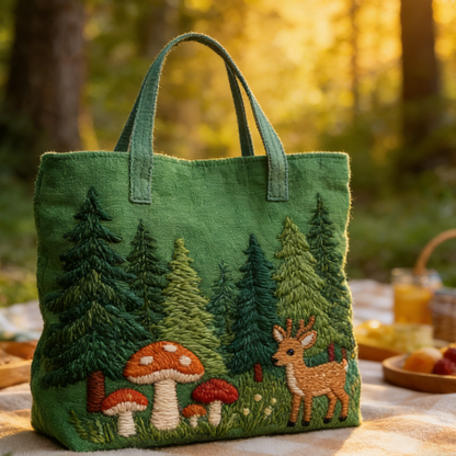Calm Woodland Pine Fawn Quilted Tote Bag