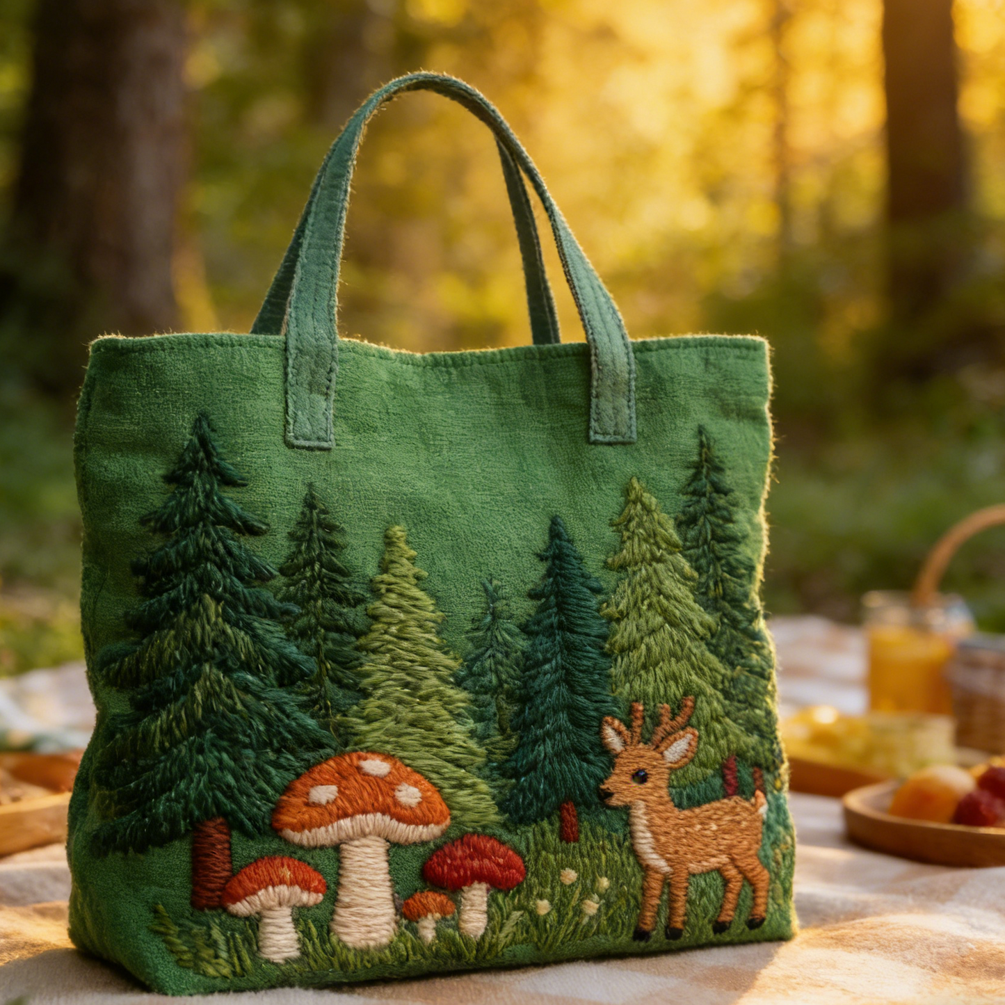 Calm Woodland Pine-Fawn Quilted Tote Bag