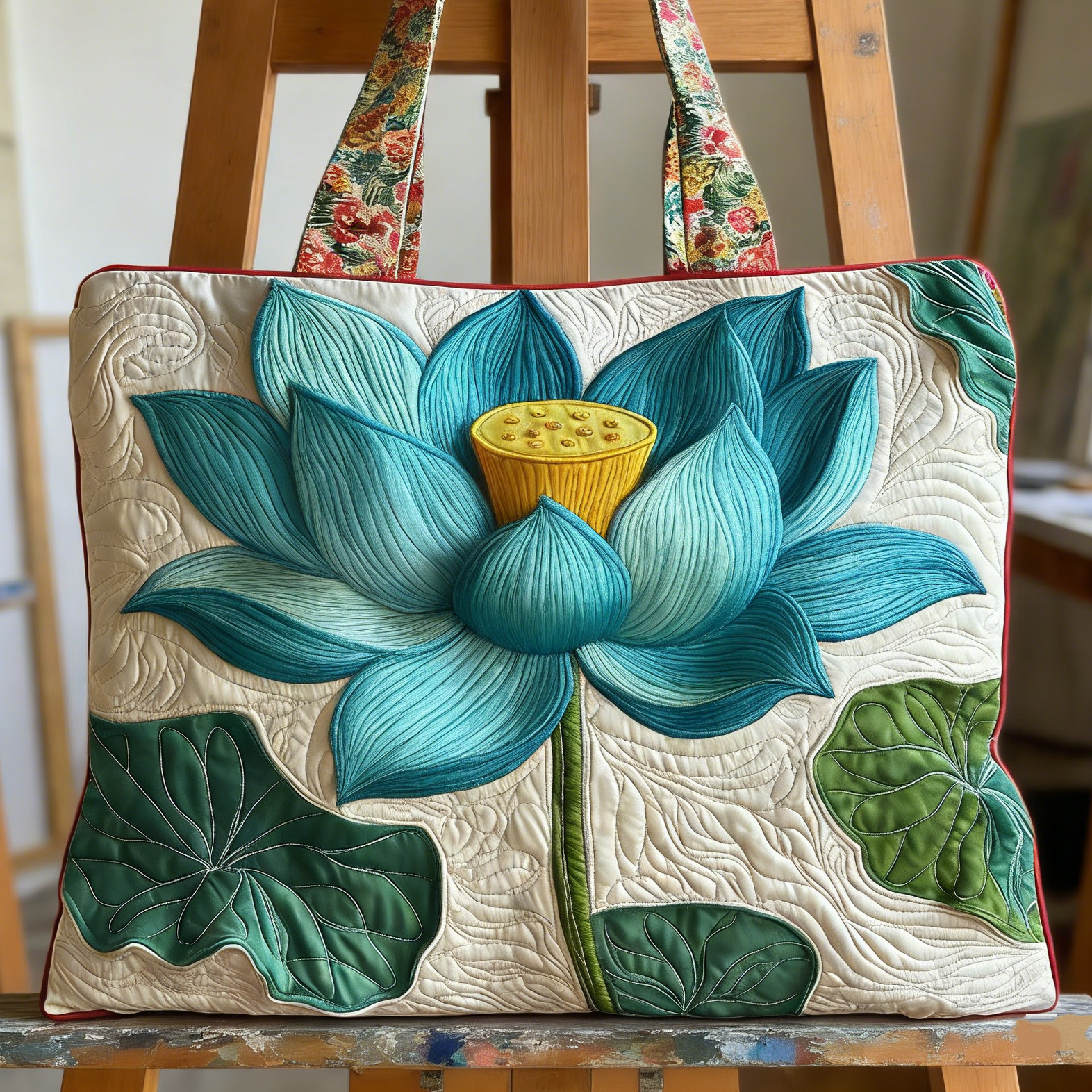Teal Lotus Quilted Tote Bag