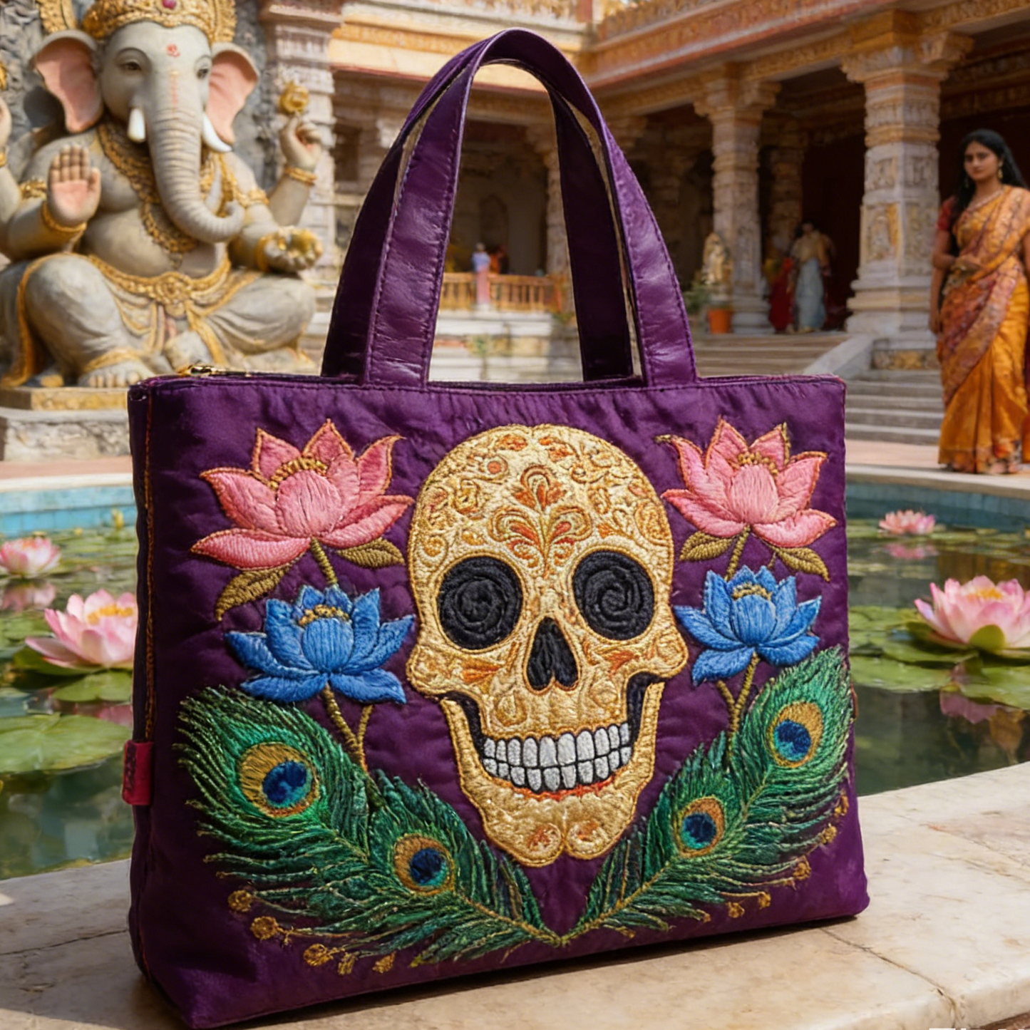 Temple Sugar Skull Quilted Tote Bag