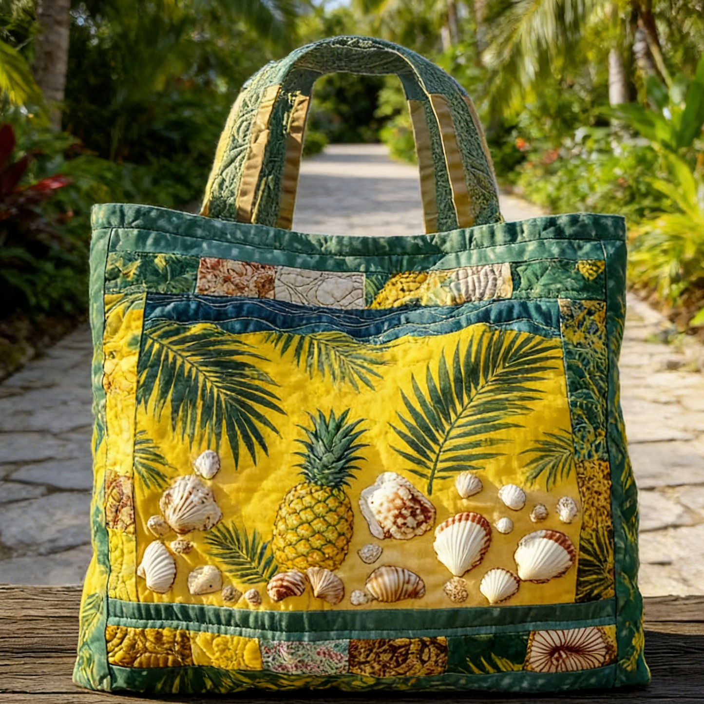 Green Yellow Pineapple Quilted Tote Bag