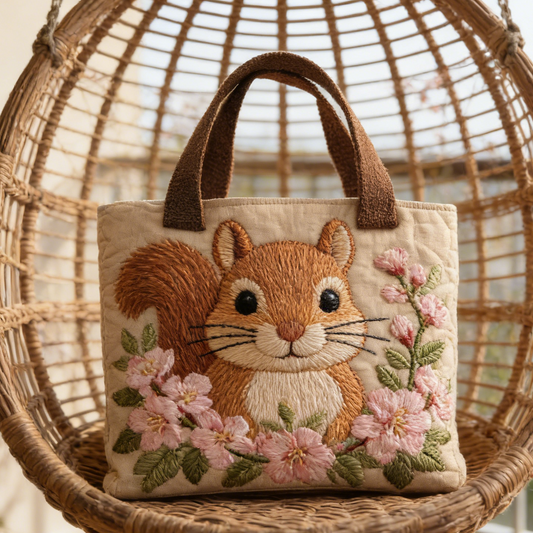 Beige Squirrel Blossom Quilted Tote Bag