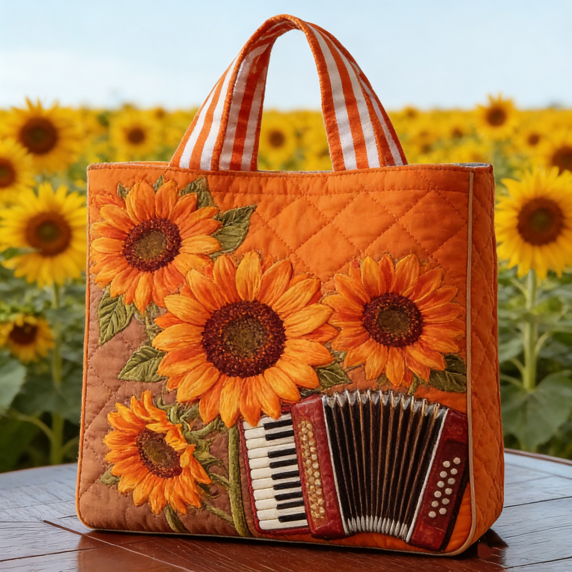 Cheerful Sunflower & Accordion Quilted Tote Bag