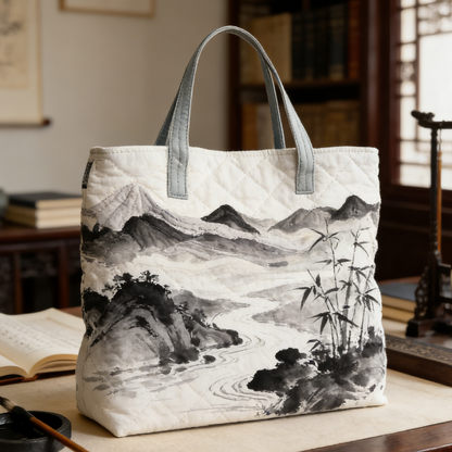 White Ink Landscape Quilted Tote Bag