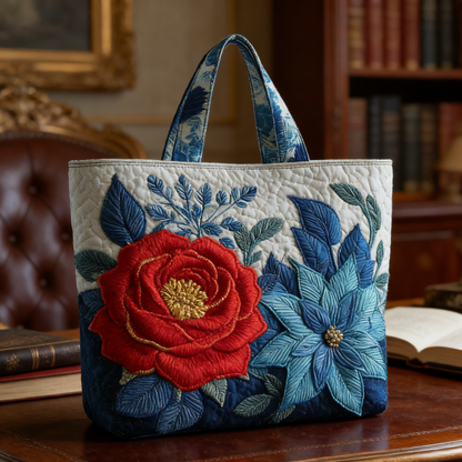 Red Rose & Blue Floral Quilted Tote Bag