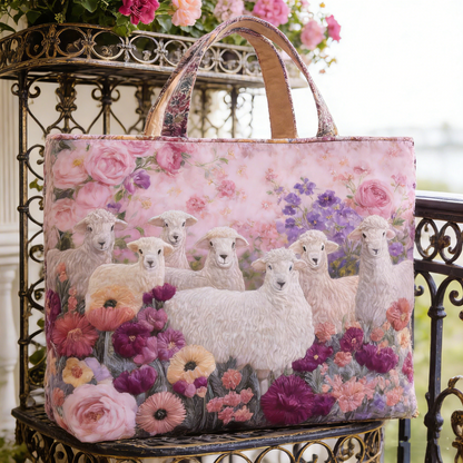Fluffy Sheep & Floral Quilted Tote Bag