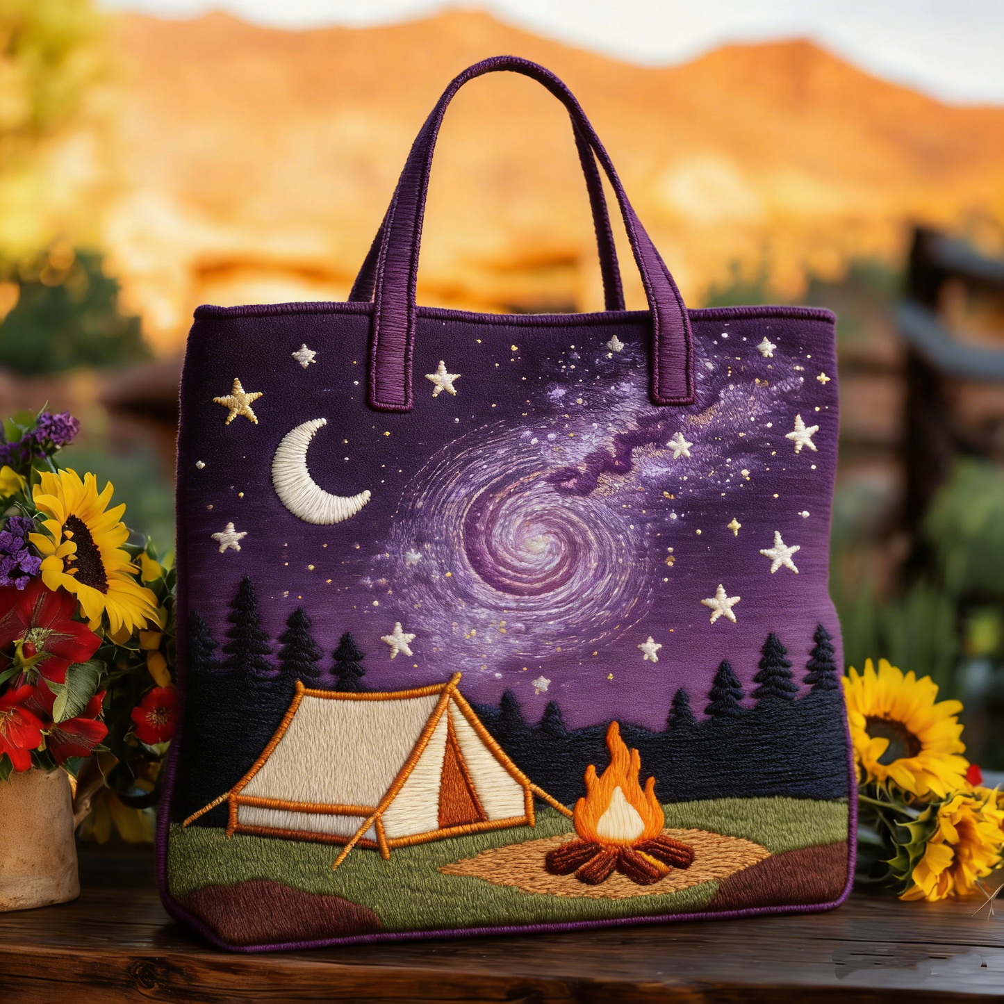 Starry Night Camping Quilted Tote Bag