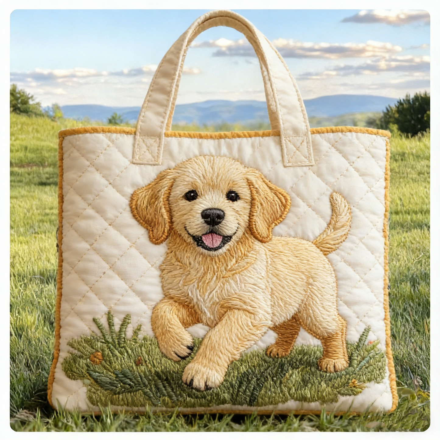Stitched Golden Puppy : Fresh Outdoor Vibes for Your Daily Carry Quilted Tote Bag