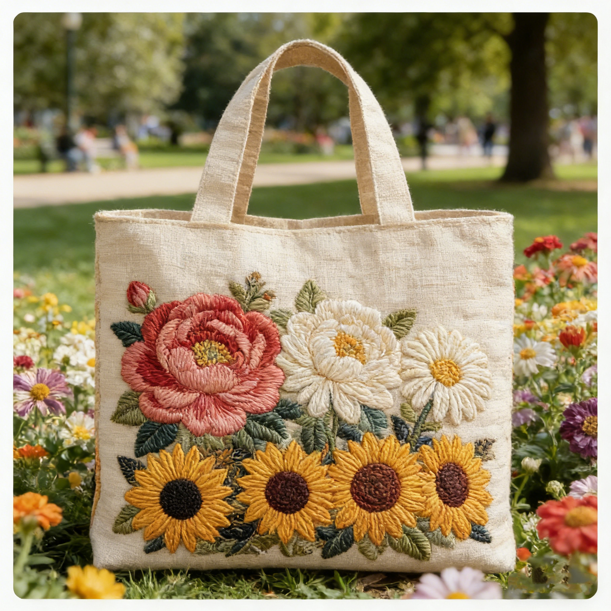 Stitched Floral Bouquet Quilted Tote Bag: Soft Linen Style with Bright Sunflowers & Peonies
