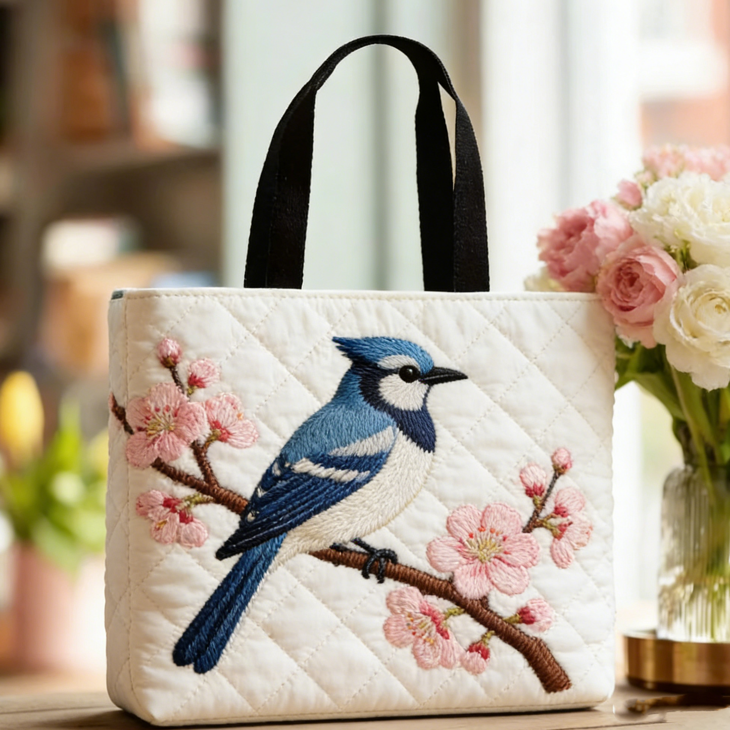 Stitched Blue Bird : Soft White Style with Pink Cherry Blossoms Quilted Tote Bag