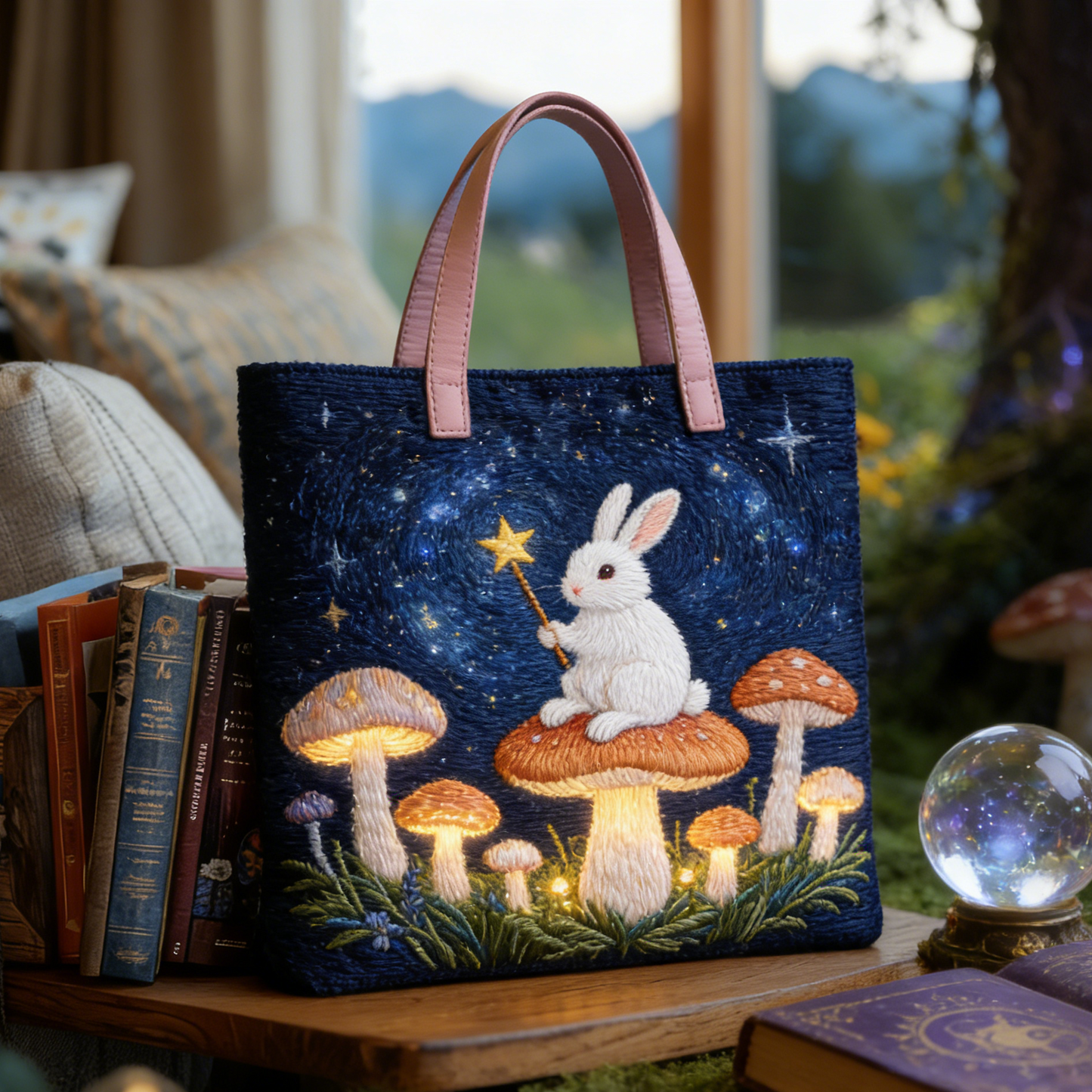Quilted Starry Magic Rabbit Tote Bag Quilted Tote Bag