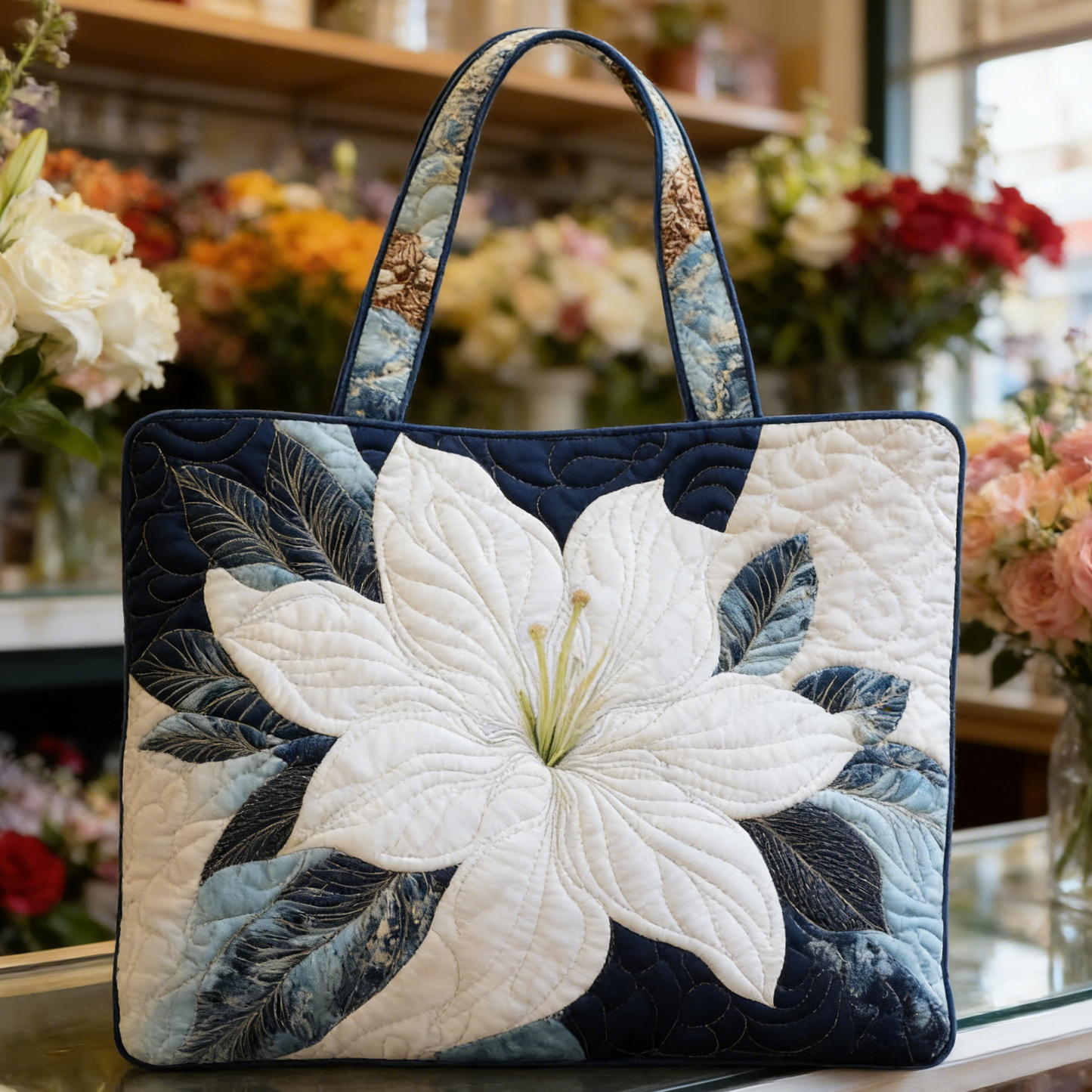 White Lily Quilted Tote Bag