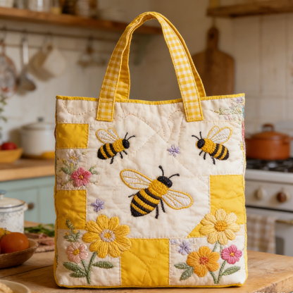 Yellow Check Bee Embroidered Quilted Tote Bag