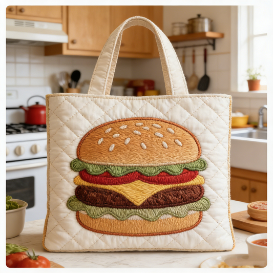Quilted Burger Embroidery Tote bag: Carry the Fun of Delicious Bites Daily