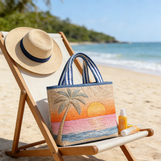 Quilted Beach Sunset Palm Tote Bag