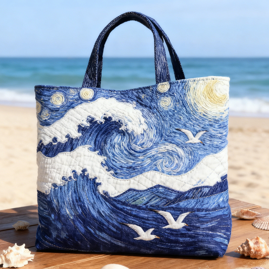 Embroidered Starry Night Wave Tote Bag