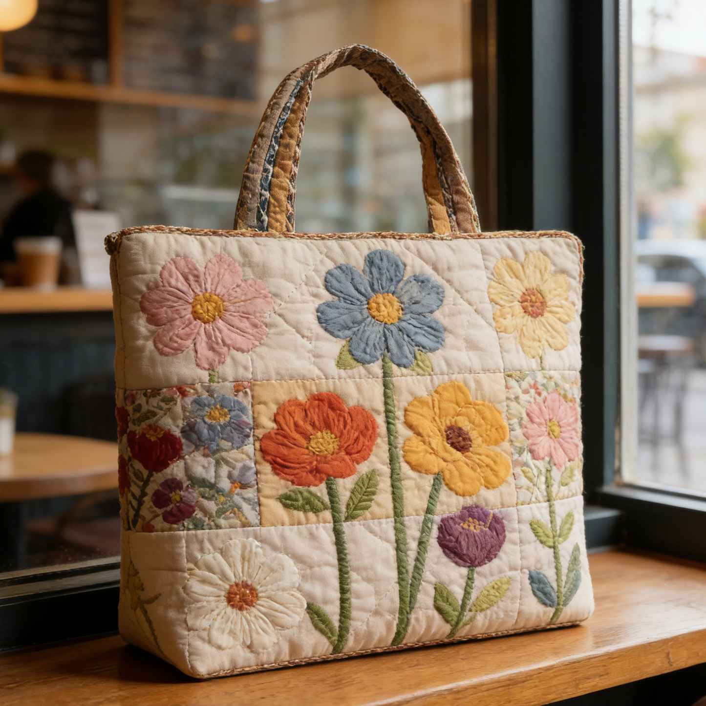 Stitched Floral Quilted Tote Bag