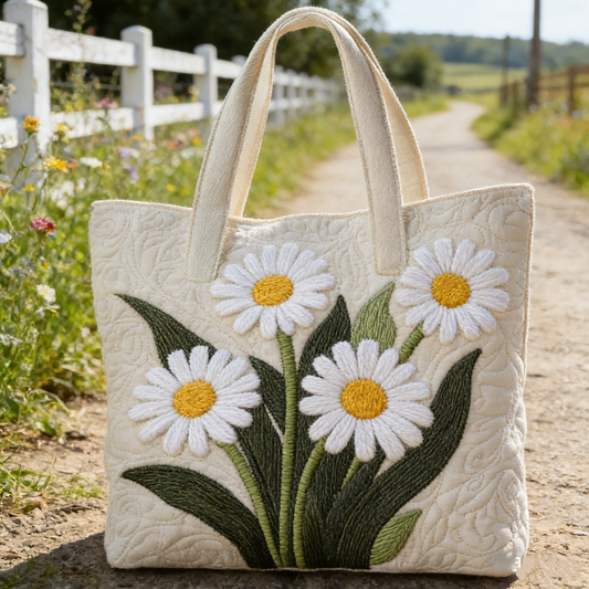 White Daisy Quilted Tote Bag