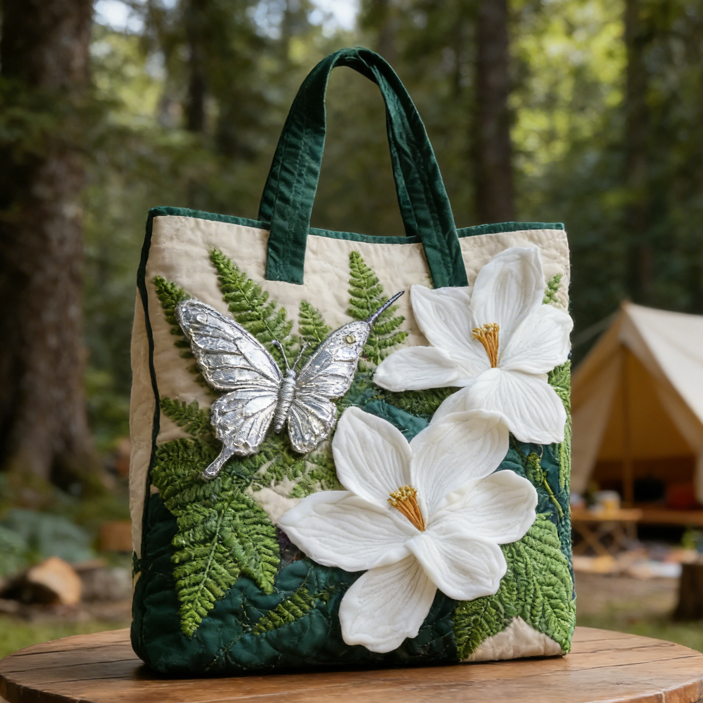 Forest Blossom Butterfly Quilted Tote Bag