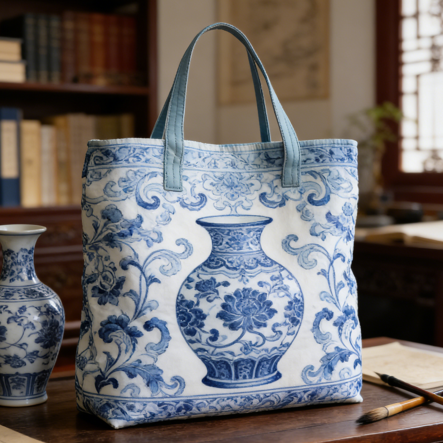 Blue-and-White Porcelain Quilted Tote Bag