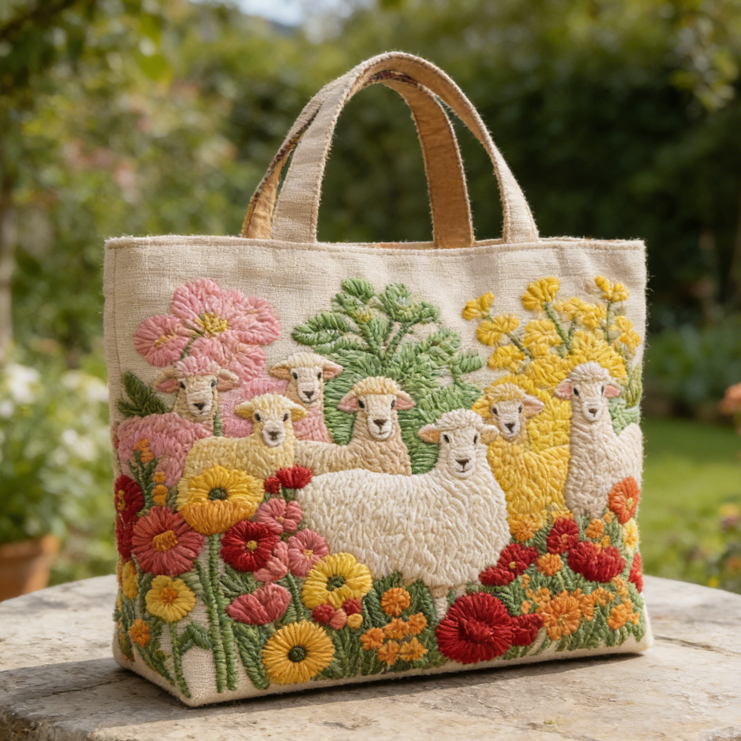 Sheep-Wildflower Quilted Tote Bag