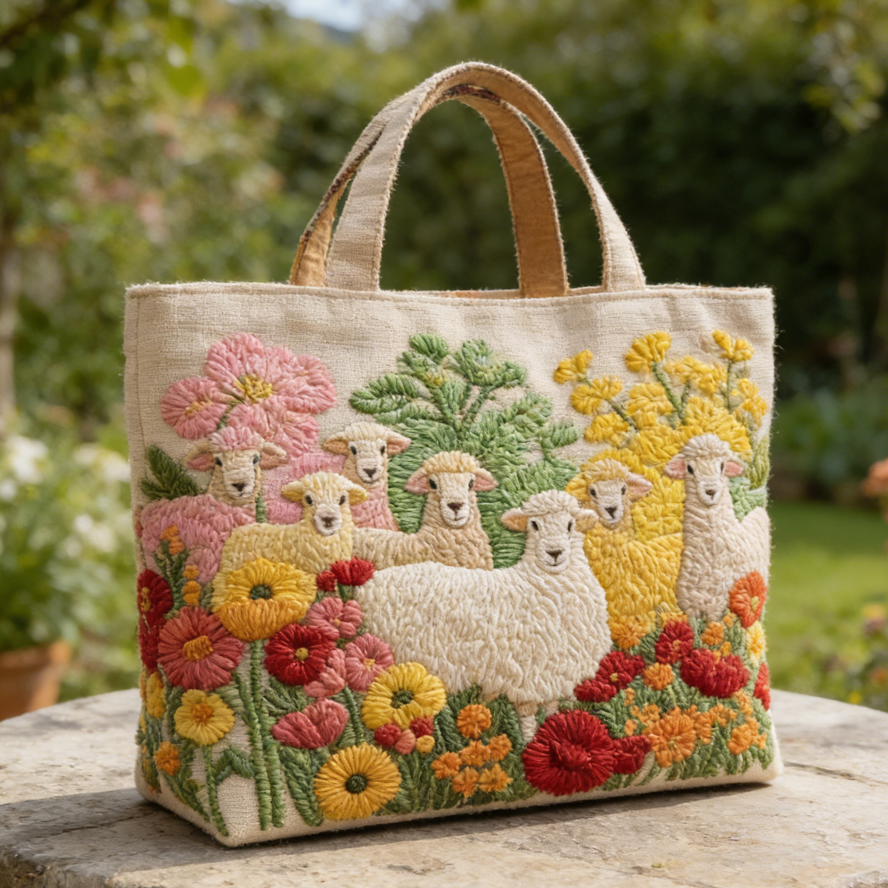 Sheep-Wildflower Quilted Tote Bag