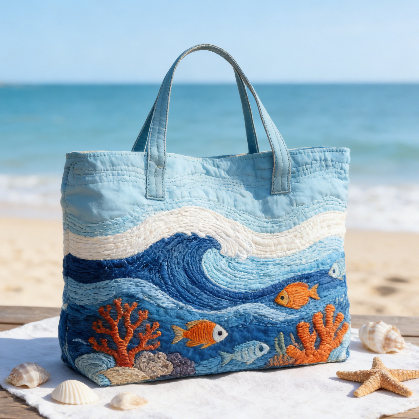 Seaside Wave & Coral Fish Quilted Tote Bag