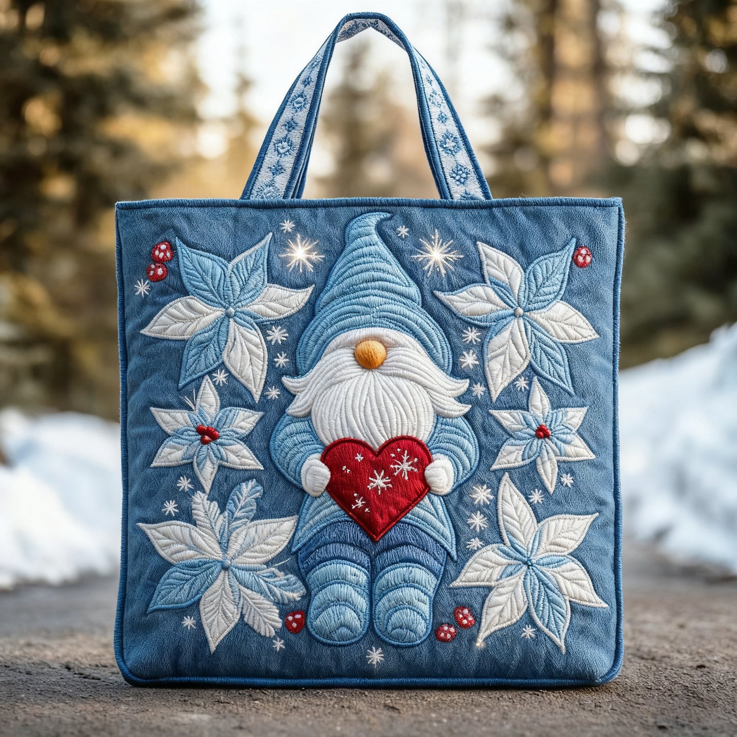 Winter Heart Gnome Christmas bag Quilted Tote Bag