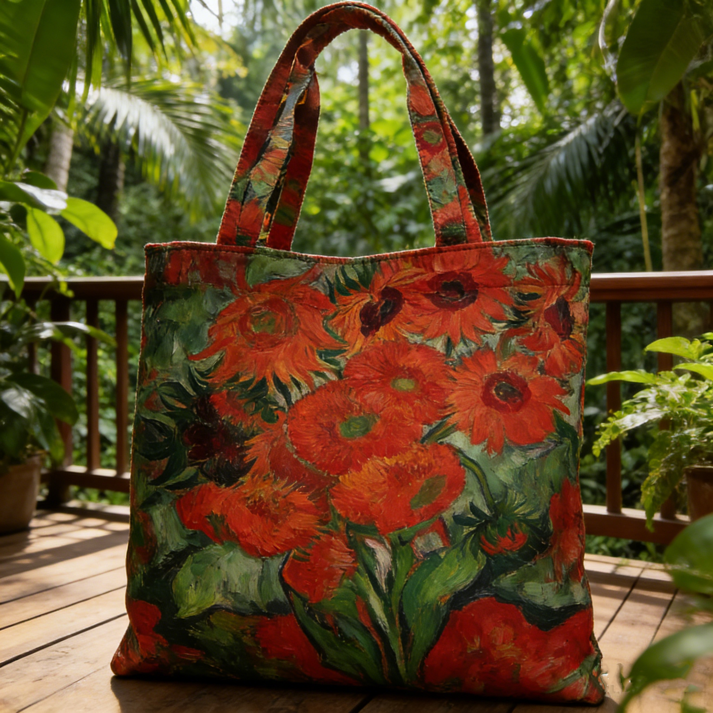 Van Gogh Red Sunflowers Quilted Tote Bag