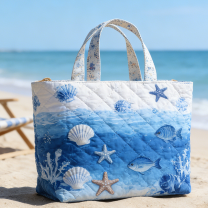 Blue White Ocean Quilted Tote Bag