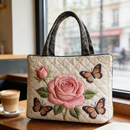 Gentle Rose & Butterfly  Quilted Tote Bag