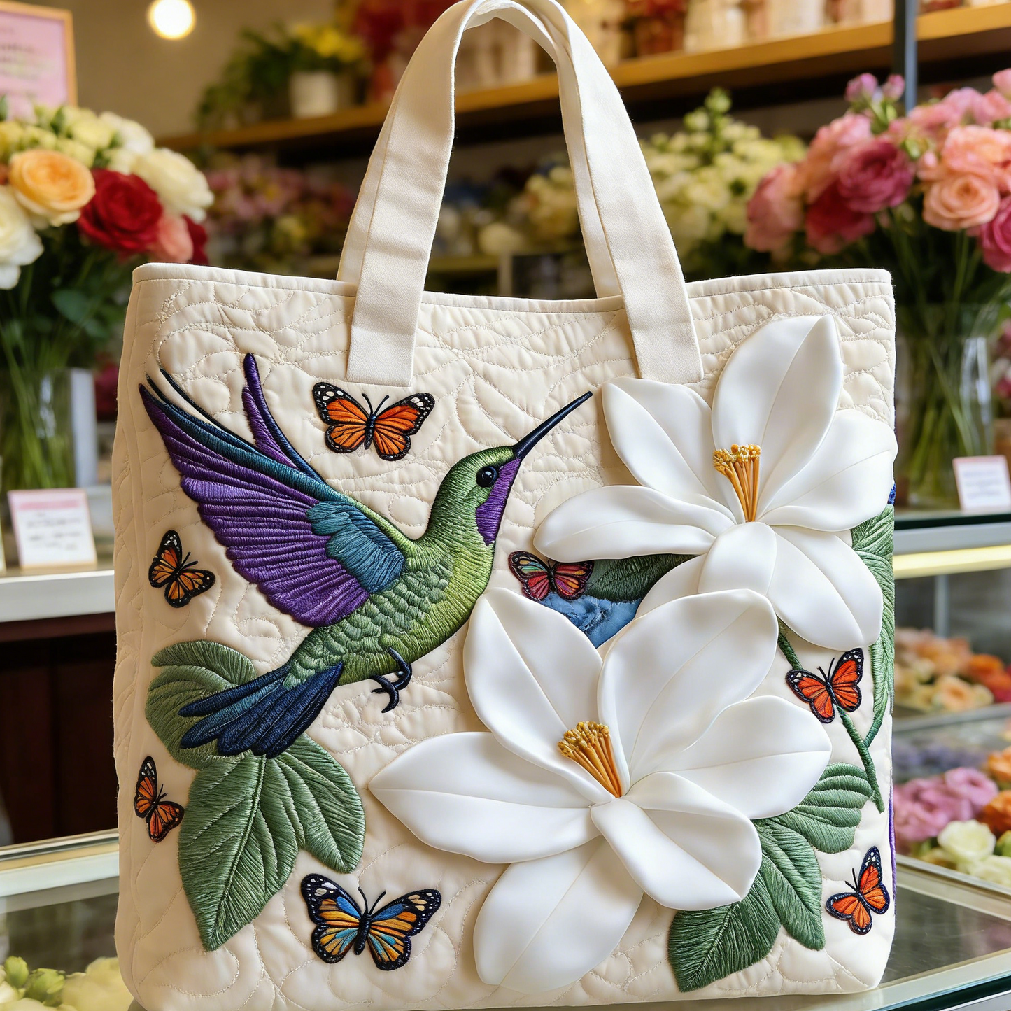 Hummingbird & White Blossom Quilted Tote Bag