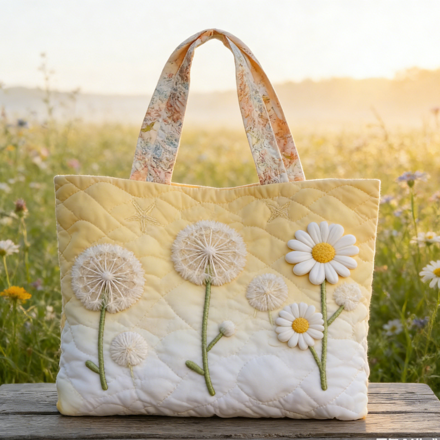 Dandelion Daisy Quilted Tote Bag