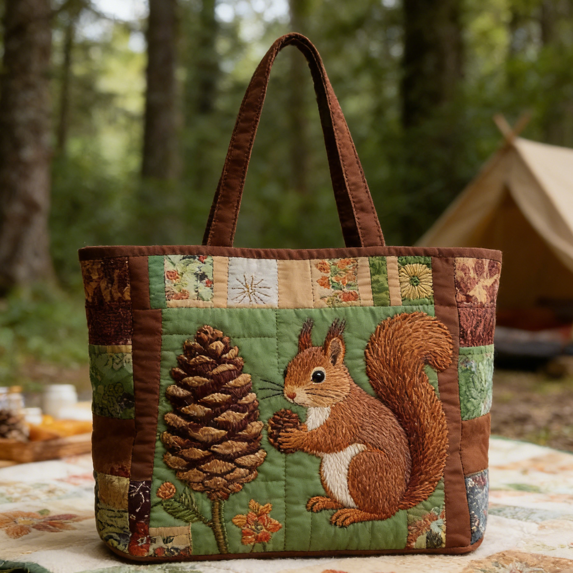Squirrel & Pinecone Quilted Tote Bag