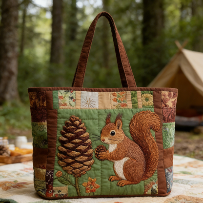 Squirrel & Pinecone Quilted Tote Bag