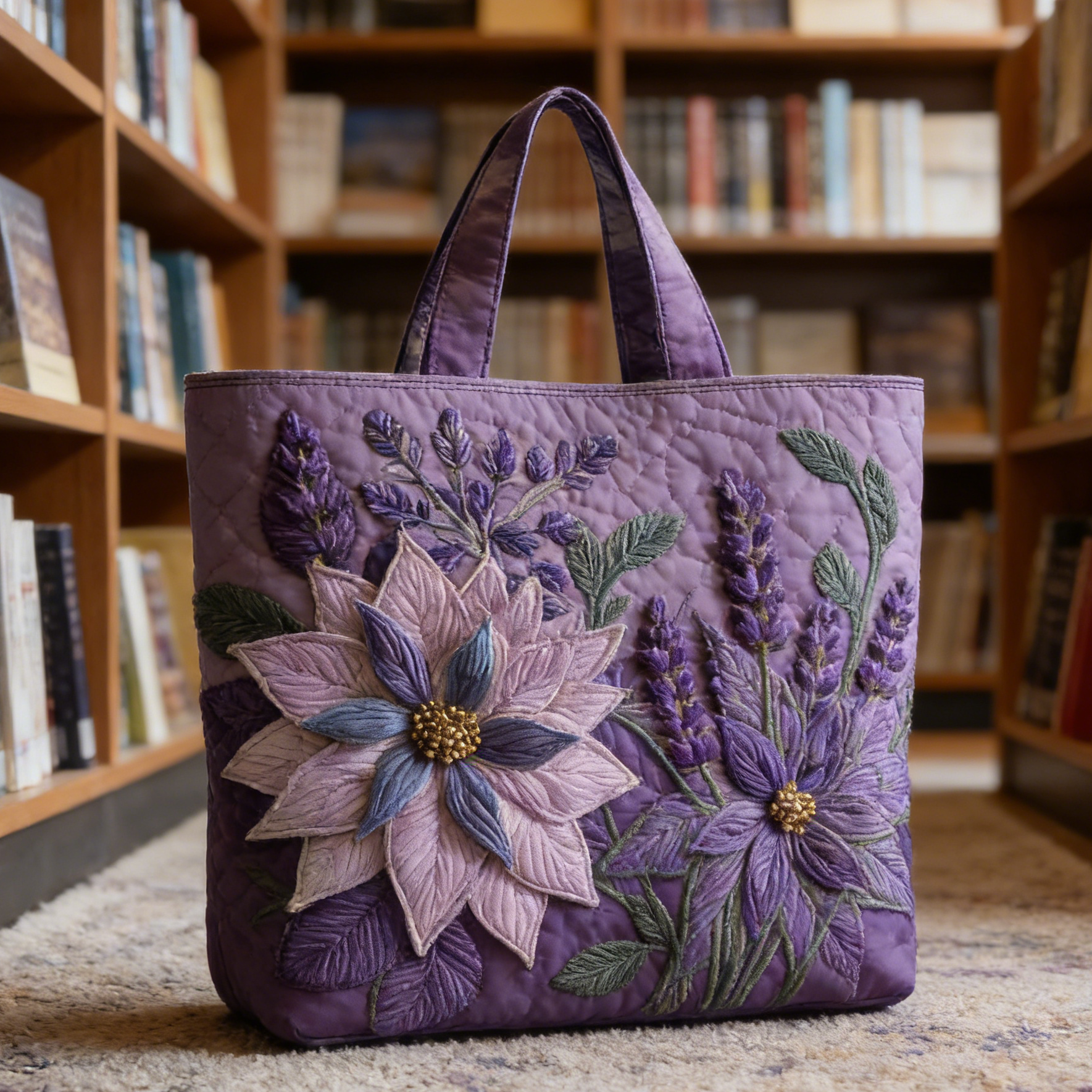 Purple Floral Quilted Tote Bag