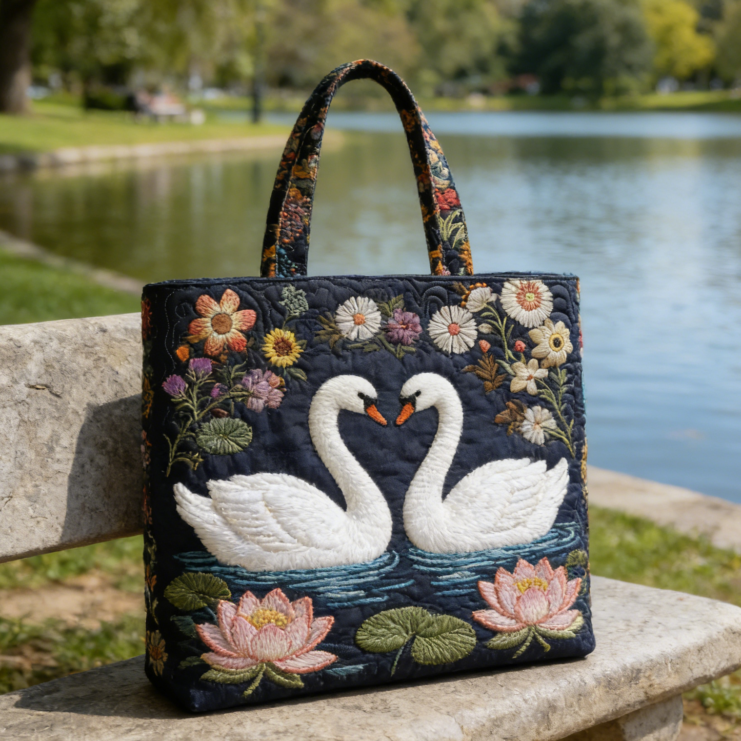 Swan Flower Quilted Tote Bag